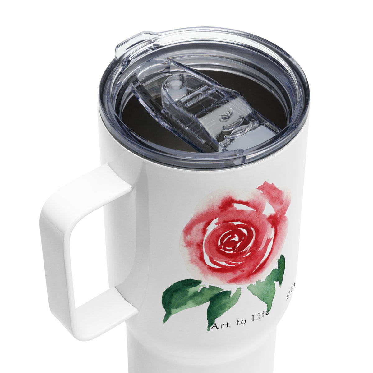 Single Bloom Rose Travel mug with a handle